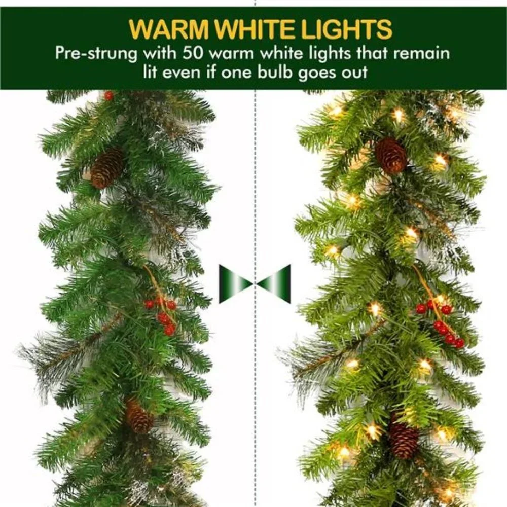 9 ft. Christmas Garland with 50 Warm White Lights, Pre-lit Christmas Garland